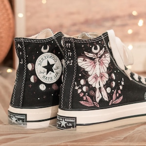 Converse Embroidery, Luna Moth Embroidered Converse Custom, Butterfly Embroidered Shoes for Women,  Insect Embroidery Art, Birthday Gift