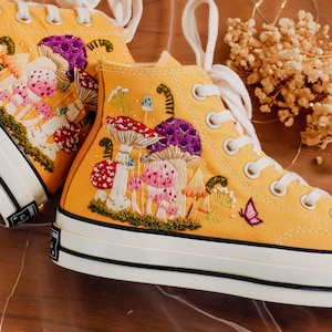 Embroidered Converse, Small Flower, Garden Mushrooms Embroidered Converse Shoes, Custom Converse Embroidery High Tops Mushroom, Gift for Her