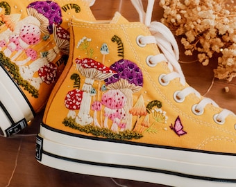 Embroidered Converse, Small Flower, Garden Mushrooms Embroidered Converse Shoes, Custom Converse Embroidery High Tops Mushroom, Gift for Her