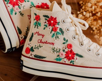 Custom Converse Chuck Taylor Christmas Flowers Embroidered Converse Shoes, Custom Sneakers Embroidery Poinsettia Flowers, Anniversary Gift