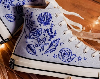 Ocean Lover’s Converse, Custom Seashells, Starfish & Sea Snail Embroidered Converse, Ocean Vibes Embroidered Sneakers, Beach Vibes Shoes