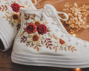 Converse bruiloft voor bruid, herfst rustieke bloem geborduurde Converse custom, schoenen geborduurd roestoranje boeket, bruids Converse sneakers