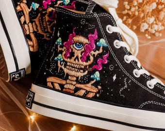 Embroidered Converse, Cemetery Skull and Ghost Eye for Men Embroidered Converse Mens, Sneakers Embroidery Evil Eye Ghost, Halloween Gifts