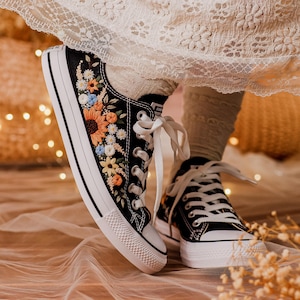 Garden Flower Embroidered Low Top Shoes, Custom Converse Shoes Embroidery Sunflower, Floral Embroidered Sneakers Women, Unique Gift for Her