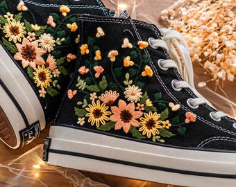 Custom Embroidered Sneakers High Tops Taylor 1970s, Wedding Hand Embroidered Sunflowers Shoes, Sunflower Embroidered Converse Shoes Custom