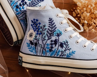 Bestickte Hohe Tops, Garten Wildblumen Bestickte Schuhe, Sneaker Stickerei Pusteblumen, Farne, Blaue Blumen Bestickte Spangen