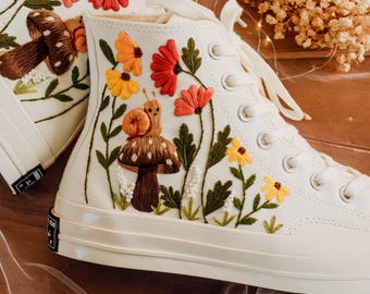 Embroidered Converse with Snail, Mushrooms, Garden Flower Embroidered Converse High Tops, Daisy, Cosmos Flower Embroidered Shoes for Wedding