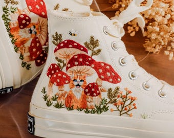 Custom Embroidered Converse, Cats and Mushrooms Embroidered White Wedding Converse Shoes, Mushrooms, Pet Embroidered Sneaker, Cat Lover Gift