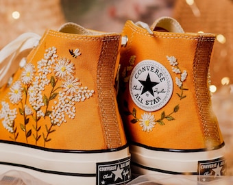Benutzerdefinierte konverse Chuck Taylor Perle funkelt Blumen gestickte converse Schuhe, Sneaker gestickte Queen Anne's Lace, Gänseblümchen, Blumenliebhaber
