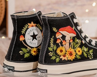 Mushrooms Converse, Sunflowers Embroidered Shoes Custom, Flowers and Mushrooms Embroidery Converse High Tops, Personalized Bridal Sneaker