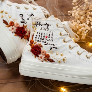 Embroidered Wedding Converse for Bride, Custom Converse Floral & Name Embroidery, Personalized Bridal Shoes For Wedding, Couple Gift