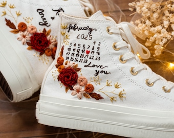 Embroidered Wedding Converse for Bride, Custom Converse Floral & Name Embroidery, Personalized Bridal Shoes For Wedding, Couple Gift