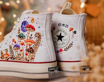 Geborduurde Converse-paddenstoelen, Converse-borduurpaddenstoelentuin, aangepaste schoenen geborduurde paddenstoelen, verjaardagscadeaus voor natuurliefhebbers