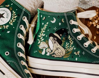 Custom Embroidered Converse High Tops, Witch Frog Embroidered Shoes, Green Converse Embroidery Mushroom, Butterfly, Moon Embroidered Sneaker
