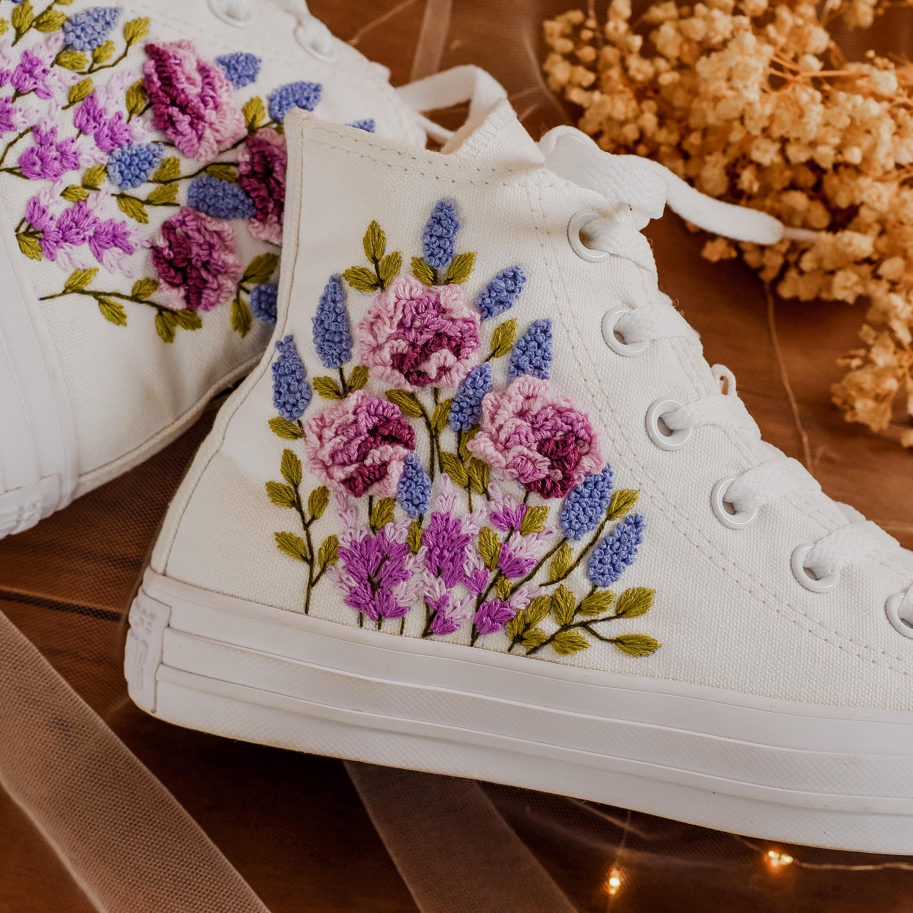 Purple Bouquet Embroidered Wedding Converse for Bride, Lavender, Hydrangeas Flower Embroidered Sneakers, Bridal Converse Embroidery Floral