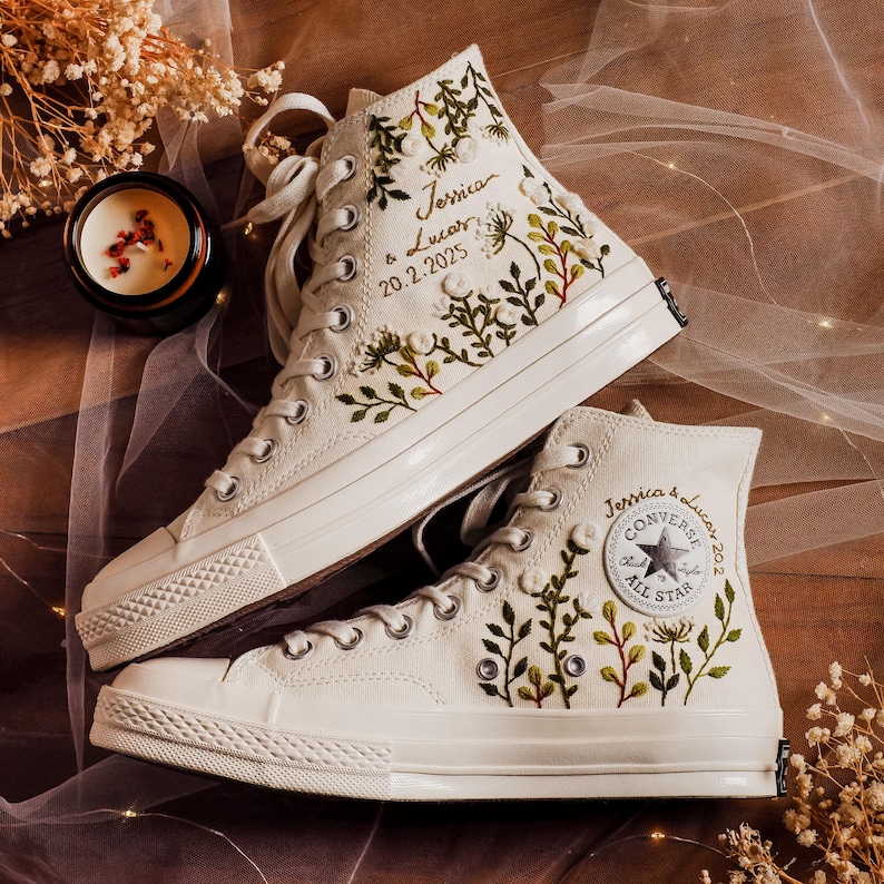 Custom Wedding Converse High Tops, Bridal Flowers Embroidered Shoes, Wedding Flowers Embroidered Sneakers, Personalized Gifts for Girlfriend