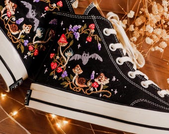 Custom Converse Embroidered, Bat Embroidered Converse, Ghost Forest and Mushrooms Embroidered Sneakers, Halloween Vibes Embroidered Sneakers