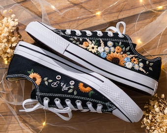 Zapatillas Converse negras con bordado de girasoles y margaritas, con nombre personalizado bordado, regalos para mujer