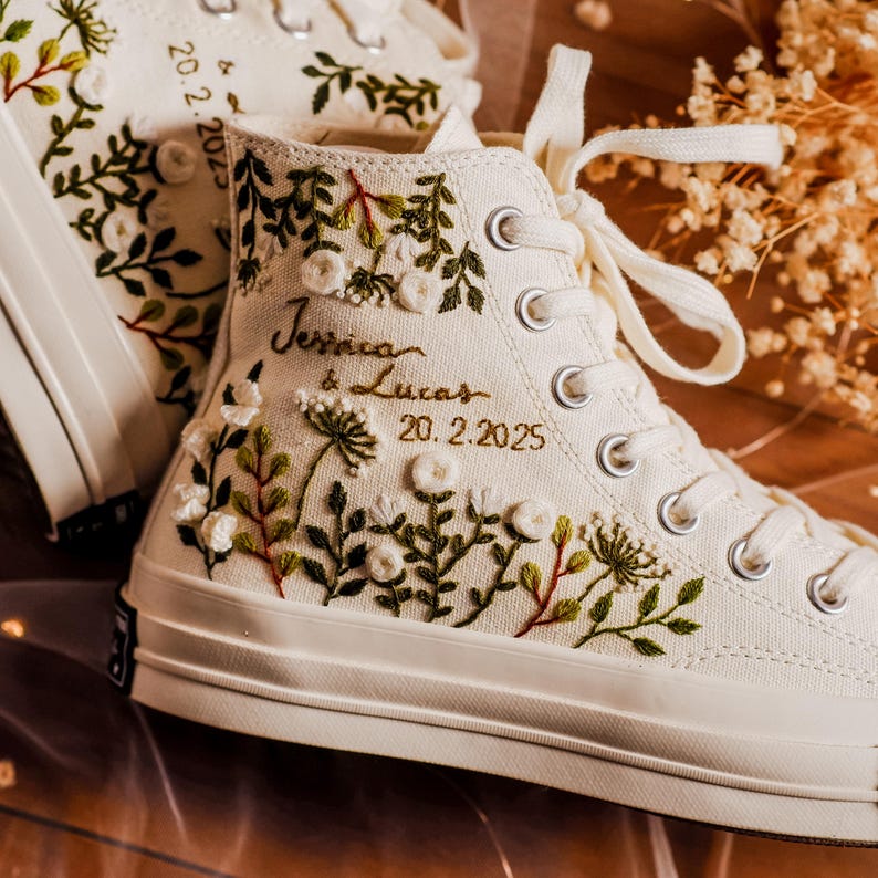 Custom Wedding Converse High Tops, Bridal Flowers Embroidered Shoes, Wedding Flowers Embroidered Sneakers, Personalized Gifts for Girlfriend