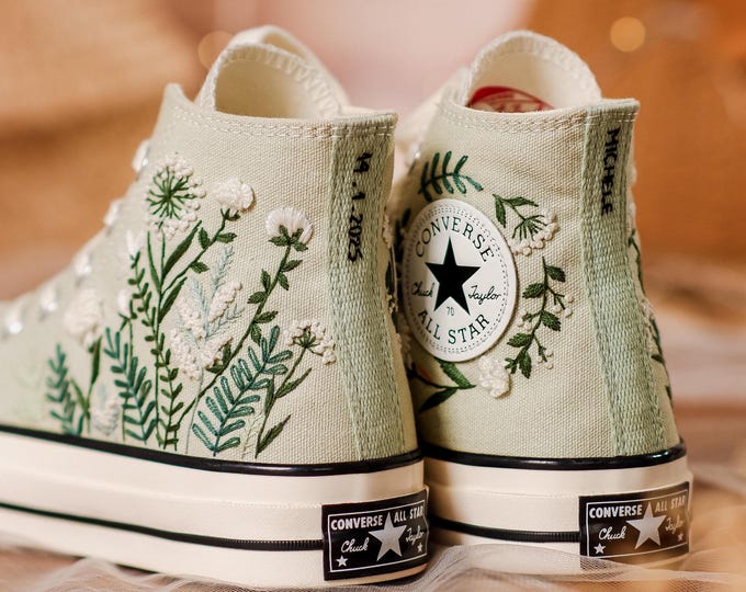 Embroidered Converse High Tops, Embroidery Flowers Canvas Shoes Converse, Converse Embroidery Carnations, Dandelions Embroidered Sneakers