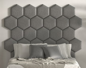 Upholstered Wall cushion Hexagon light gray headboard bed - wall cushion - sound absorber - wall covering - wall panel - velvet fabric