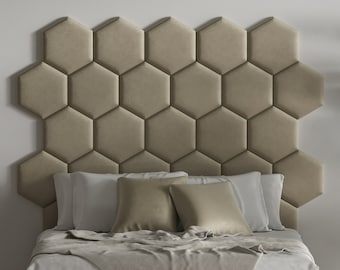 Wandpolster Hexagon Beige gepolstertes Kopfteil Bett  - Wandkissen - Wandschutz  - Schallabsorber - Wandverkleidung - Wandpaneel - Samtstoff