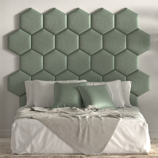 Wandpolster Hexagon Mint gepolstertes Kopfteil Bett  - Wandkissen - Schallabsorber - Wandverkleidung - Wandpaneel - Samtstoff