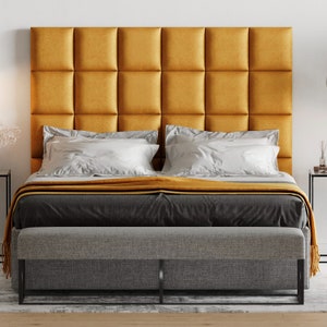 Upholstered wall cushion golden yellow 30x30 velvet padded headboard bed - wall decor - sound absorber - wall covering - wall panel