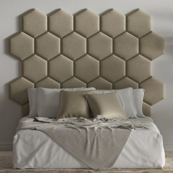 Cuscino da parete Testata letto imbottita Hexagon Beige Cuscino da parete  Protezione murale Assorbitore acustico Rivestimento murale Pannello murale  Tessuto in velluto -  Italia