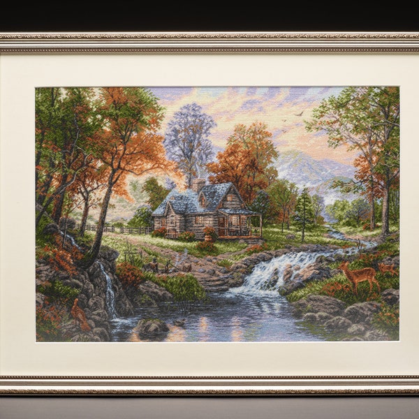 Opulent "Autumn Paradise": Handcrafted Needlepoint Tapestry - Thomas Kinkade Inspired Embroidery Art.