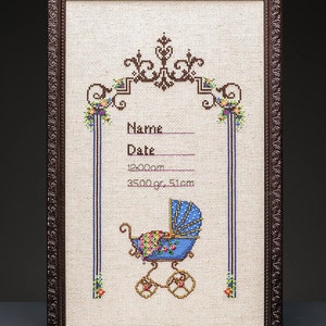 Certificado de nacimiento vintage - Patrón de punto de cruz de cochecito de niño moderno - Patrón digital para niños.