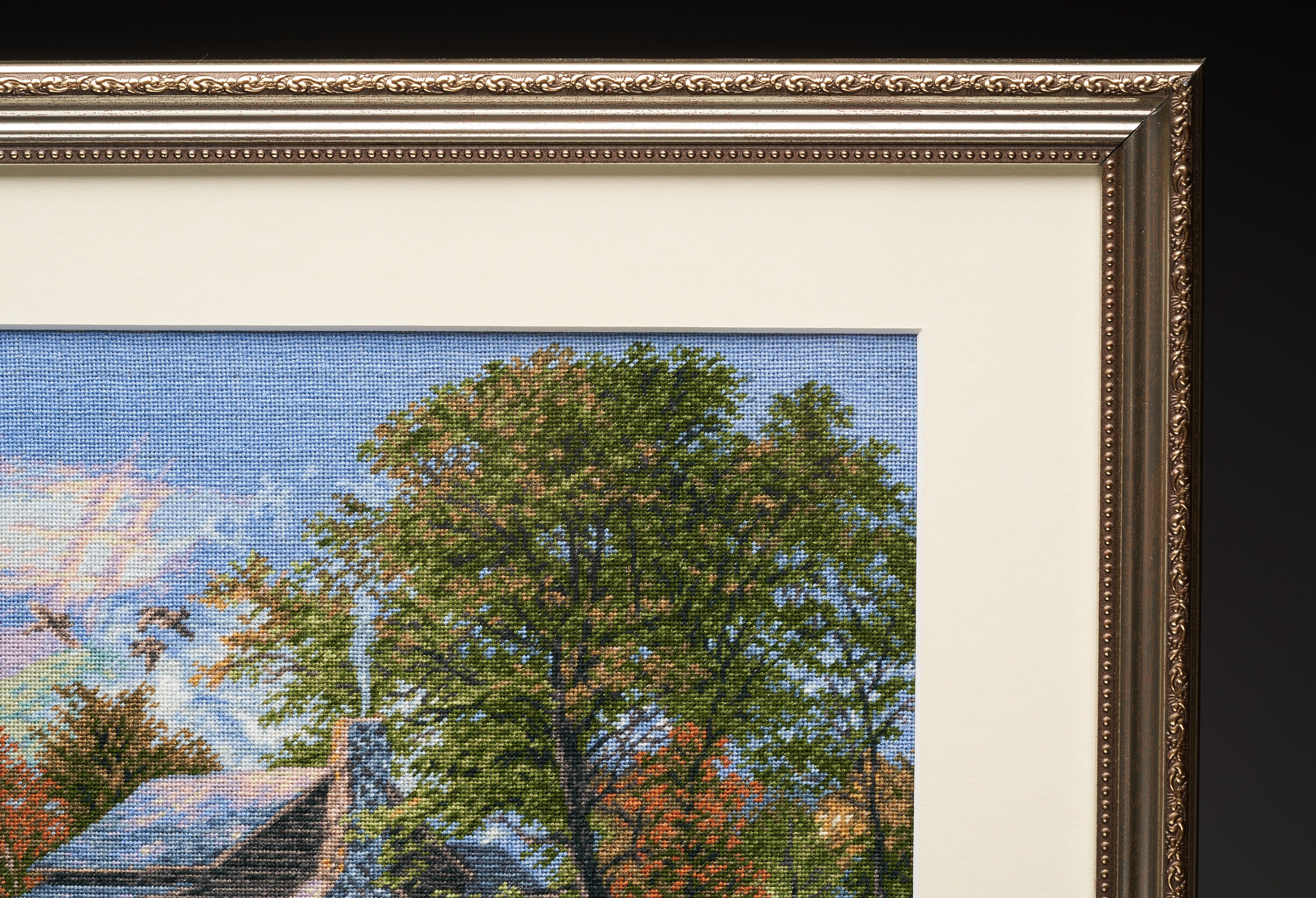 Gallery Detail: Thomas Kinkade Inspired Blue Reflections Framed Hand Embroidery