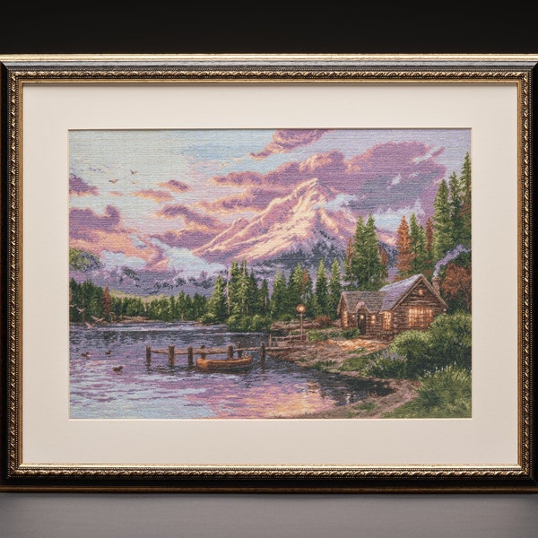 Thomas Kinkade Inspired "Twilight Violet" Needlepoint Tapestry Embroidery Art.