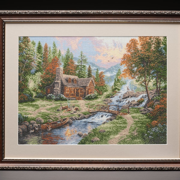 Thomas Kinkade Inspired "Mountain Paradise" Framed Hand Embroidery Painting.