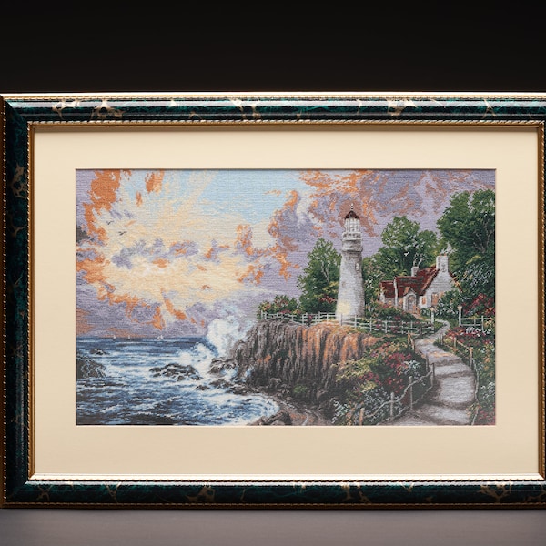 Thomas Kinkade Inspired "Lighthouse Sunset" Embroidery Art - Needlepoint Tapestry Seascape.