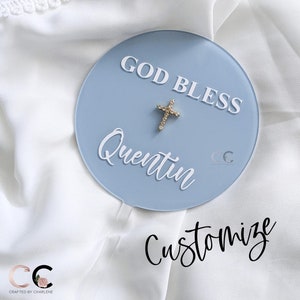 Custom Acrylic Baptism Cake Topper|Cake topper with Jewelled Cross Pendant|God Bless Cake Topper|Confirmation & Holy Communion Cake Decor