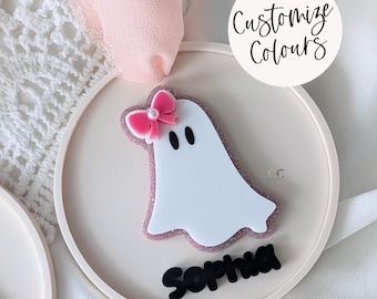 Round Ghost Boo Basket Tag, Personalized Halloween Bag Tag, Cute Acrylic Girl Ghost Tag