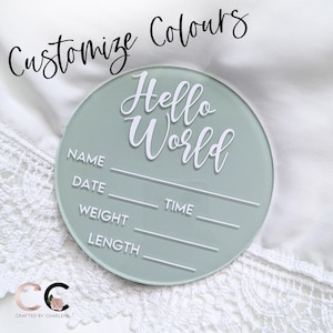 Disco de acrílico personalizado con el texto "Hola mundo" para el hito del bebé, canasta de regalo para recién nacidos, futuros padres, accesorio fotográfico para anuncio de nacimiento