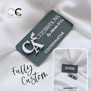 May include: A rectangular dark green name badge featuring white raised lettering that reads CELEBRATIONS By Adeola & Co. COORDINATOR with a large white letter C and a leaf sprig. An inset shows the badge with a silver magnetic backing attachment.