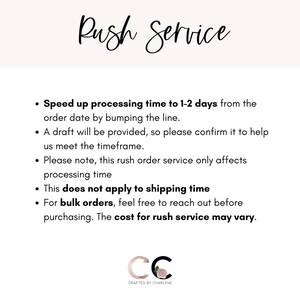 May include: Text on a white background explaining a rush service for orders. The text reads "Rush Service" and includes details about speeding up processing time to 1-2 days, providing a draft, and that the service only affects processing time. It also states that the service does not apply to shipping time and that the cost for rush service may vary for bulk orders.