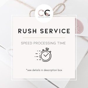 May include: A white square with black text that reads "RUSH SERVICE" and "SPEED PROCESSING TIME". A black and white icon of a stopwatch with a checkmark inside is below the text. The text "*see details in description box" is below the icon.