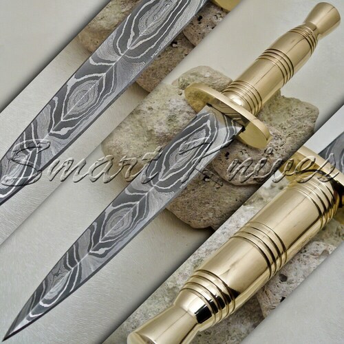BEAUTIFUL CUSTOM HAND Made shops Damascus Steel Hunting Dagger Knife Brass Handle