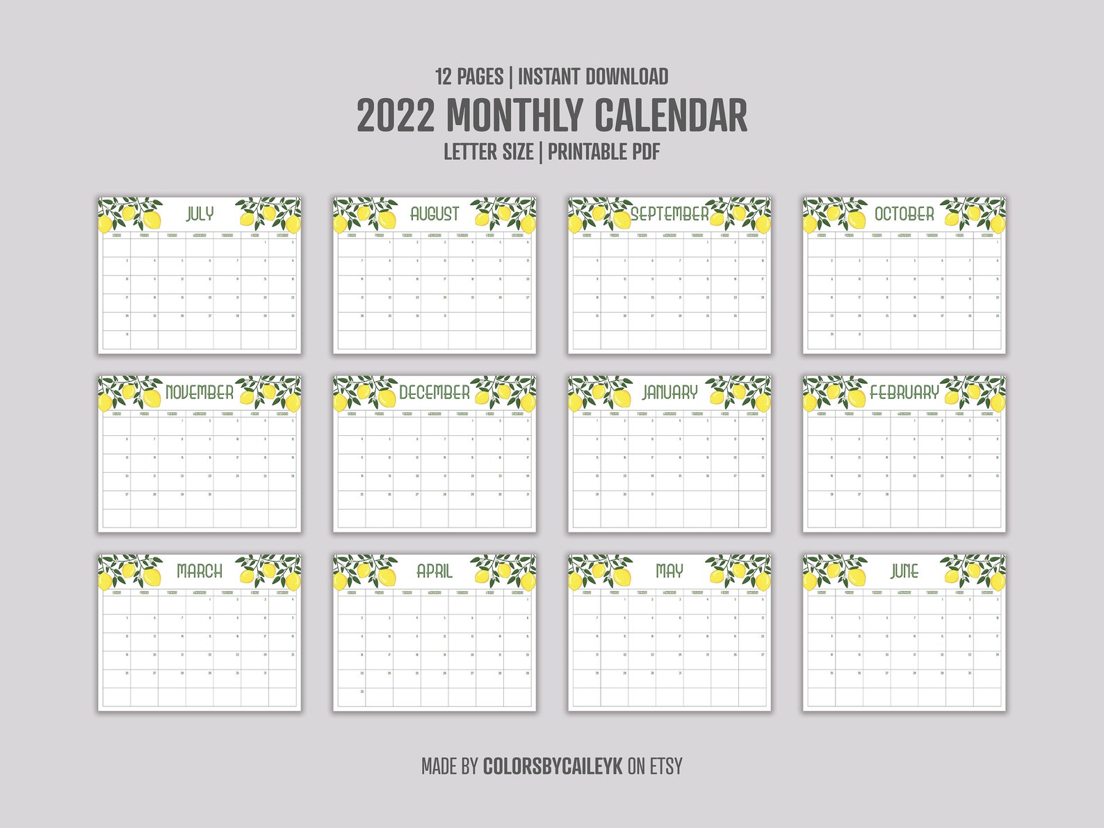 Mid Year Calendar Printable Calendar Cute Lemon Calendar Etsy