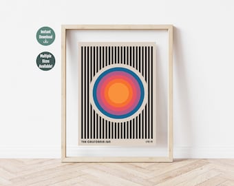 May include: A retro-style poster with a black and white striped background and a large, colorful circle in the center. The circle has concentric rings of blue, pink, orange, and yellow. The text "THE CALIFORNIA SUN" and "1919" are at the bottom of the poster.