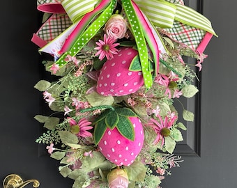 Guirnalda de fresas de verano, guirnalda floral de verano, decoración para el porche, guirnalda de fresas rosas
