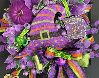 Corona de lujo con sombrero de bruja para Halloween, sombrero de bruja morado con purpurina, decoración para la puerta principal, decoración de bruja