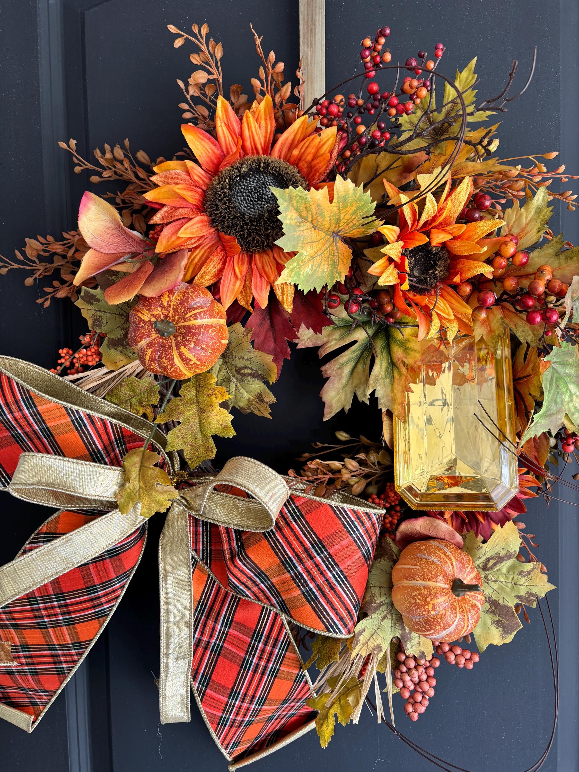 Fall Grapevine Wreath With Sunflowers, Pumpkins and Plaid Ribbon - Etsy