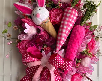 Easter Bunny Wreath, Pink Floral Door Hanger, Handmade Spring Decor