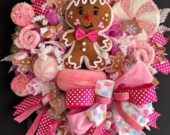 Corona de jengibre, corona navideña, decoración para la puerta principal, corona de Candyland, decoración navideña, decoración de jengibre