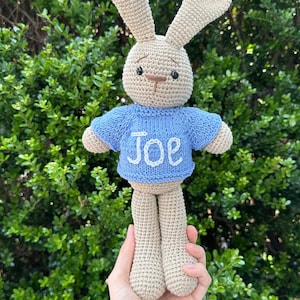 Customized knitted blue sweater 12” bunny toy boy  Personalized hand embroidered custom toy cardigan with name